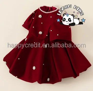 LEZONKIDS - Customizable Wholesale Custom Fleece  Puff Sleeve Beads Red Girls Party Dress for Spring